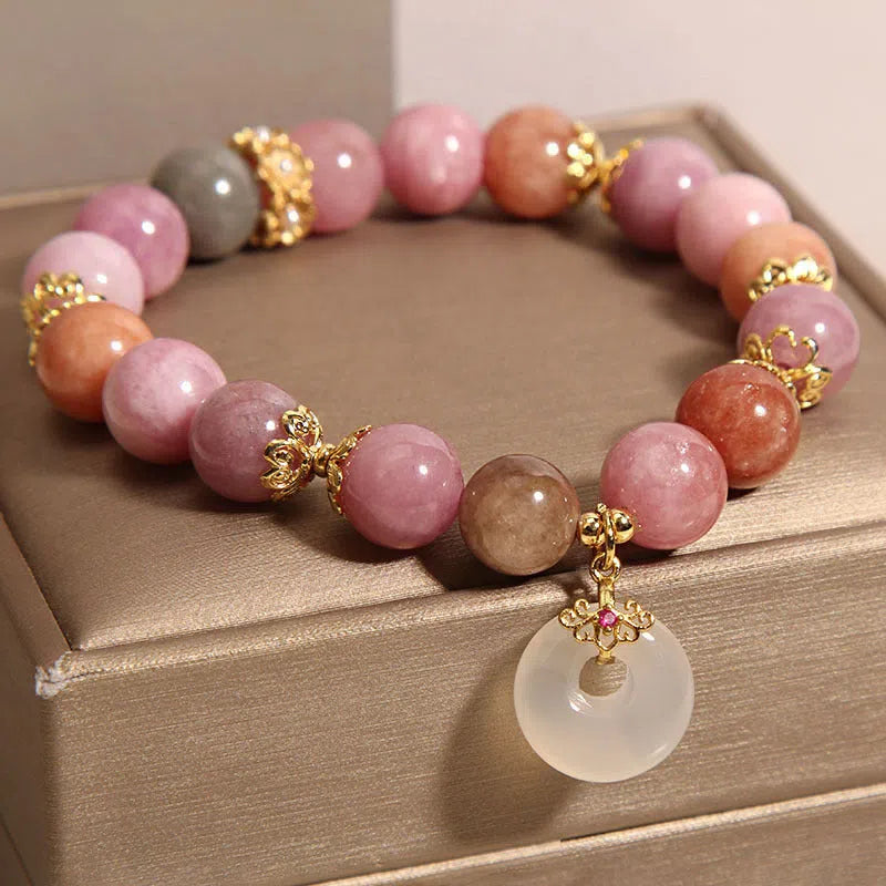 Macaron tourmaline peace buckle pendant bracelet on neutral background, women's retro style