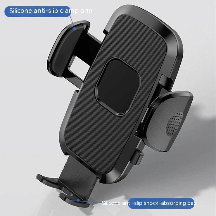 Gravity-activated car phone mount with enhanced suction cup attached to windshield holding smartphone