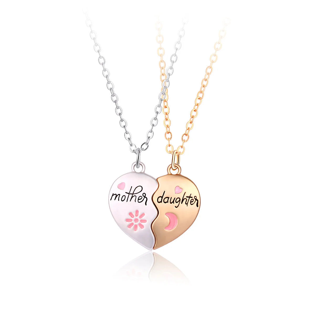 Mother daughter matching heart necklace set with gold plating and magnetic clasp