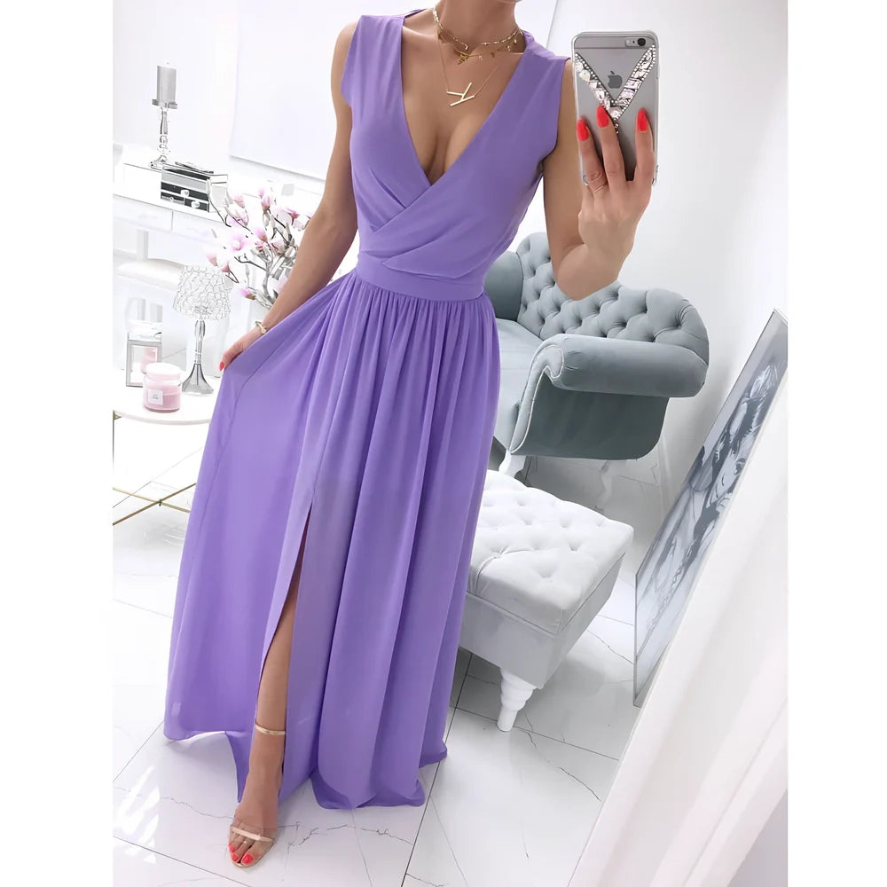 Women's apricot sleeveless V-neck maxi dress with high waist and 15-20 cm front split, polyester fabric, size M shown