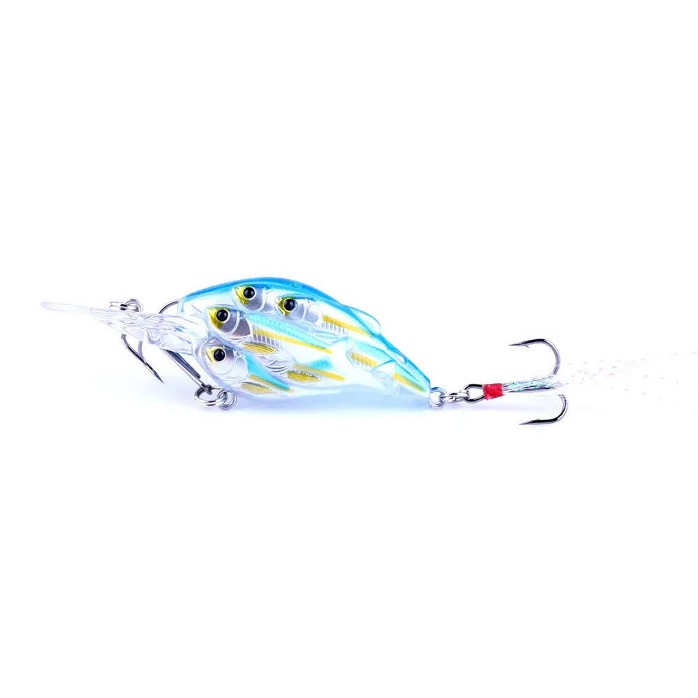 A 7.5 cm long ABS plastic fishing lure with a feather hook, shown in one of nine available colours.