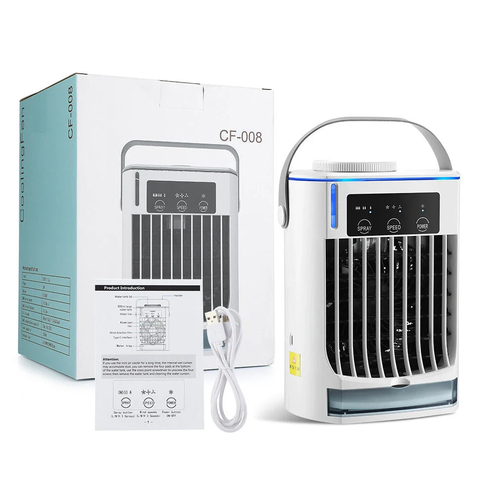 Compact white USB mini air cooler with humidification spray function and control button