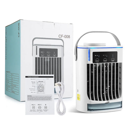 Compact white USB mini air cooler with humidification spray function and control button