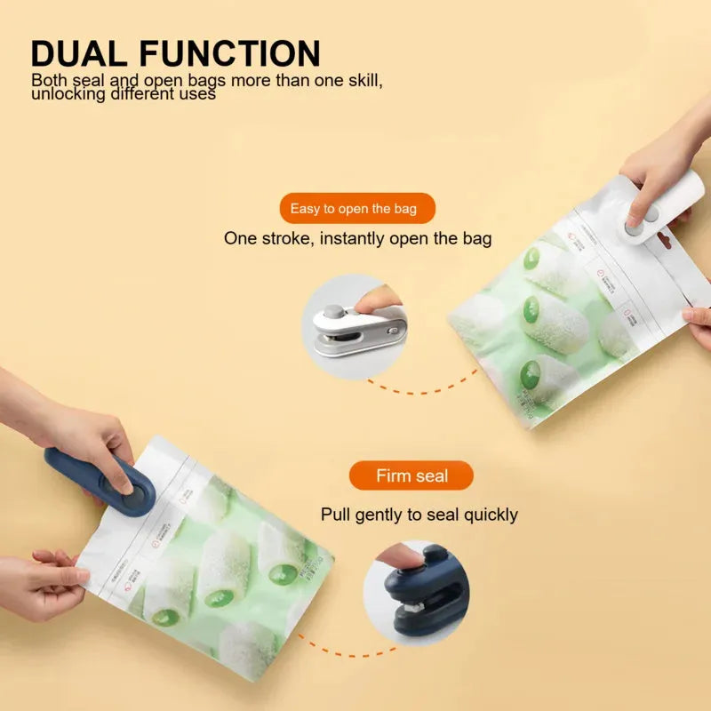 White handheld vacuum sealing machine with magnetic back and cutter blade for chip bags