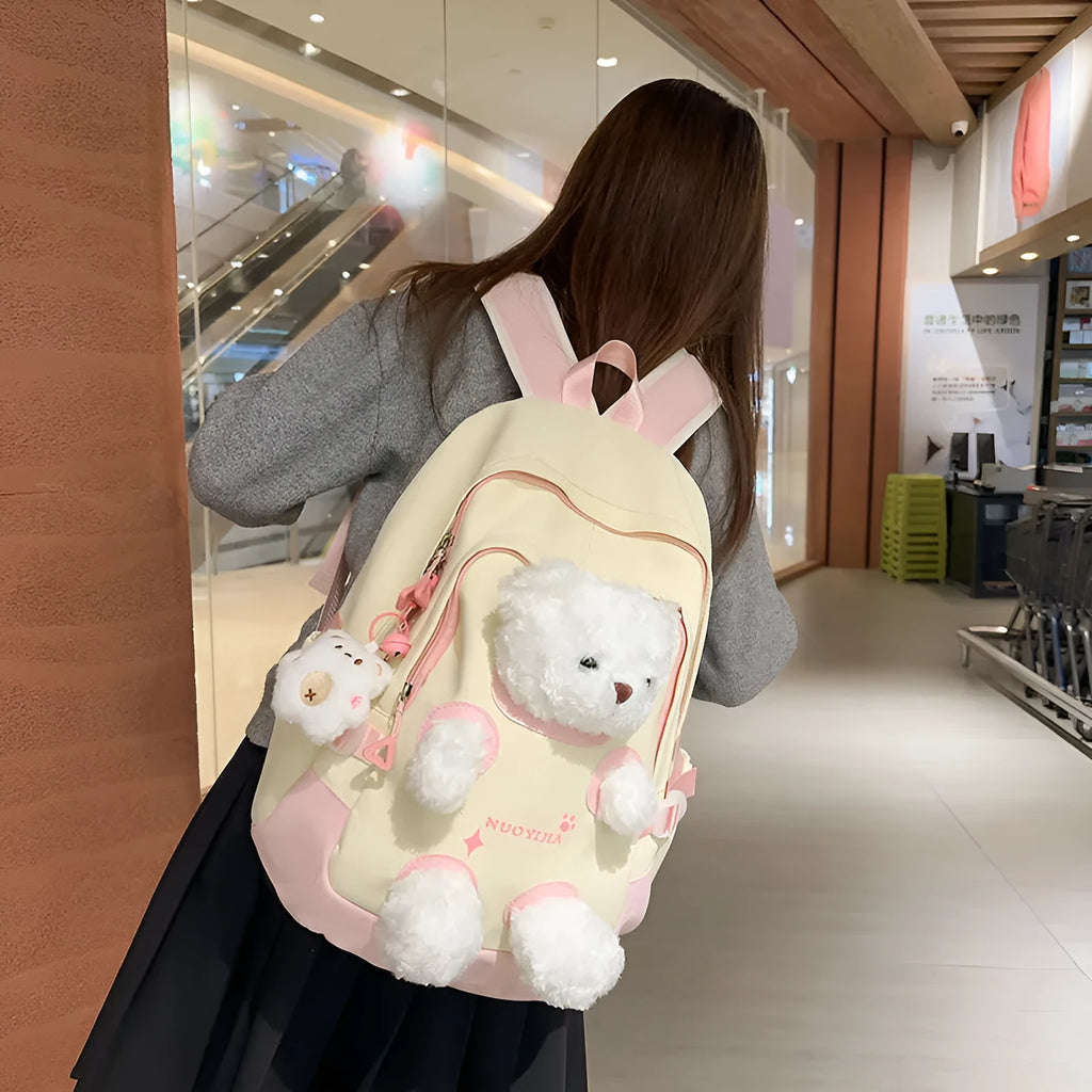 Cute bear-themed nylon school backpack with curved shoulder straps in macaron colour options.