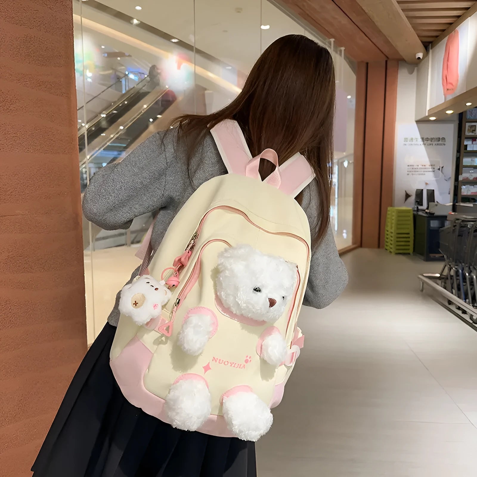 Cute bear-themed nylon school backpack with curved shoulder straps in macaron colour options.