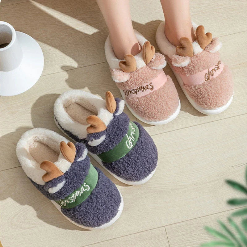 Cozy elk-inspired slip-on slippers with soft suede uppers and cushioned EVA soles for comfortable indoor wear