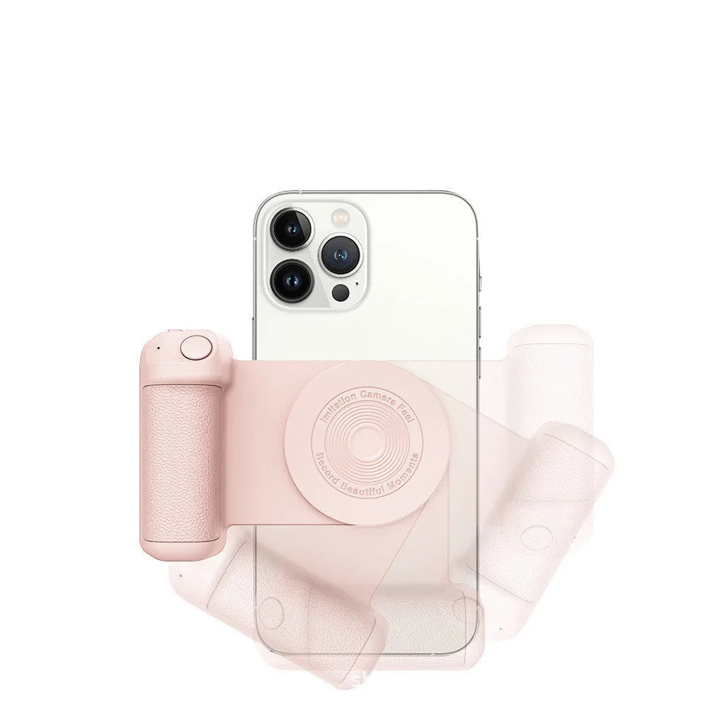 Black magnetic 3-in-1 phone camera grip and stand with ergonomic handle on a table