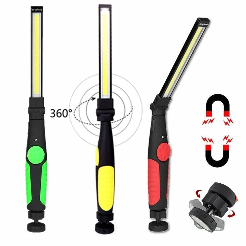 A portable LED work light with a magnetic base, adjustable brightness, and 180-degree rotating light bar for versatile illumination in car repairs, outdoor activities, and everyday tasks.