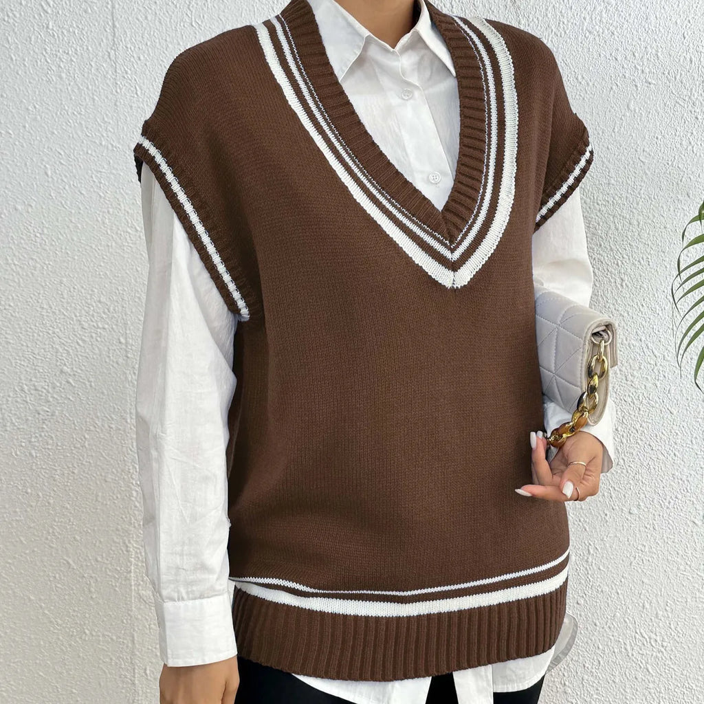 Women's loose college style vest sweater in black, blue or coffee colour options