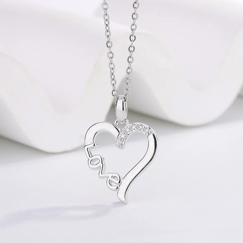 Creative Heart Design LOVE Titanium Steel Necklace with white gold finish