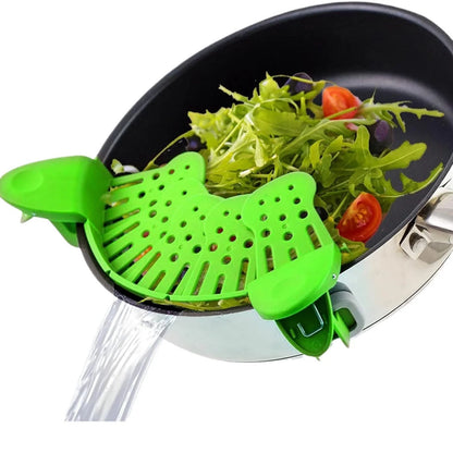 Universal Silicone Clip-on Pan Pot Strainer in purple and green, showcasing its compact design and secure clips
