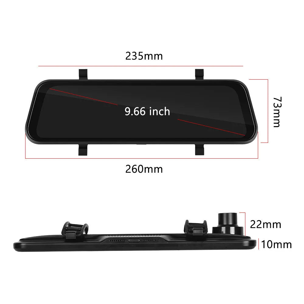 9.66-inch HD driving recorder mirror with CarPlay and Android Auto on vehicle windshield