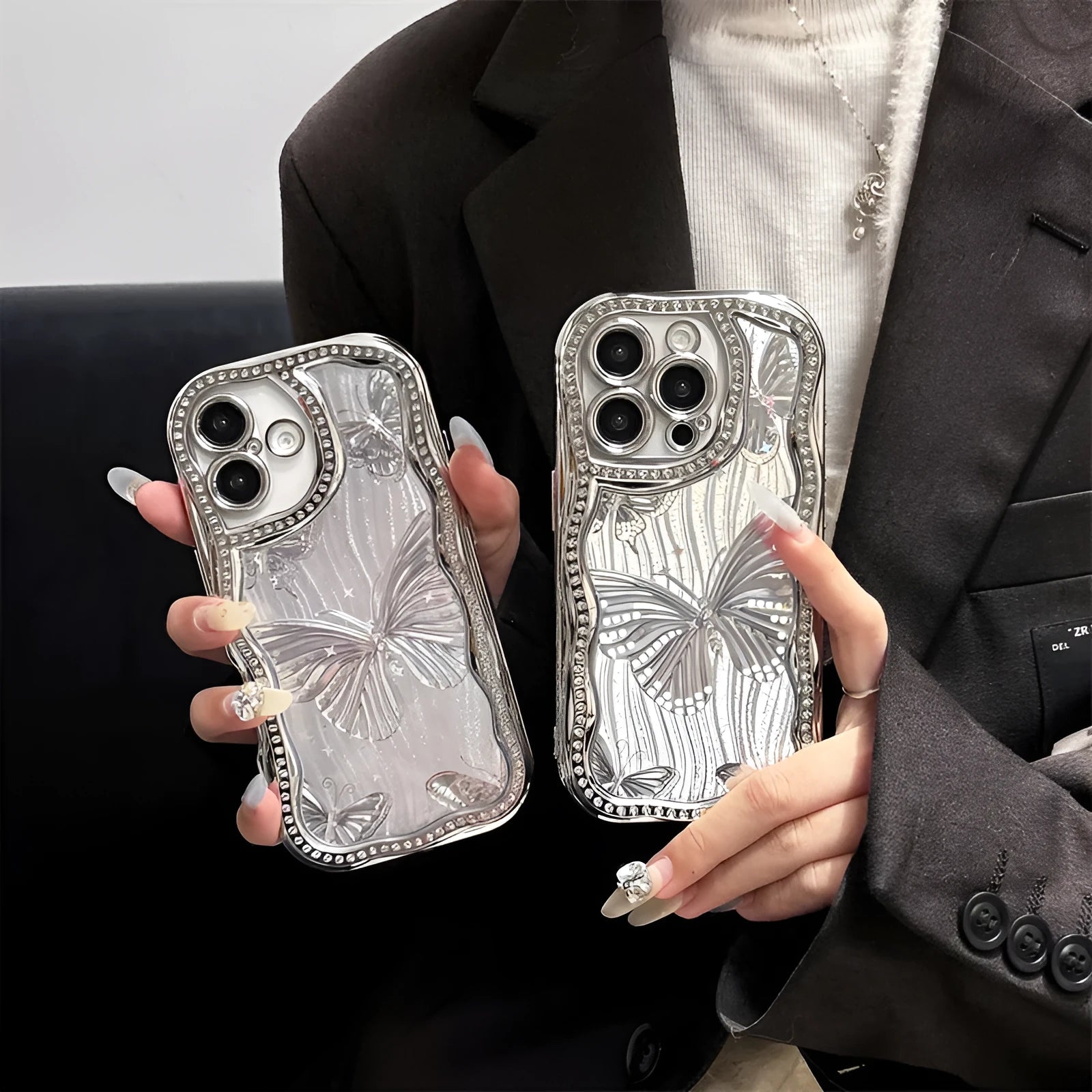 Cream epoxy electroplating diamond edge phone case with laser butterfly design for iPhone