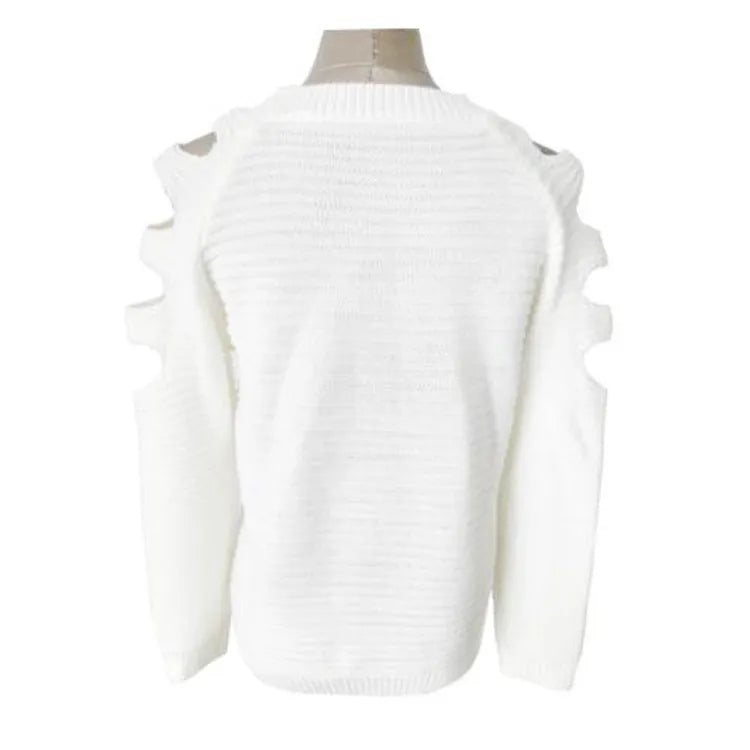 Women's grey hollow-out crocheted knitted long-sleeve shirt with round neck on a hanger.