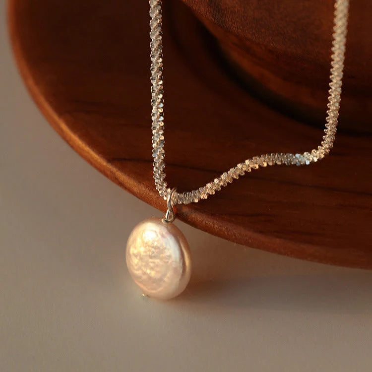 S925 Sterling Silver Baroque Pearl Necklace with starry sky chain design
