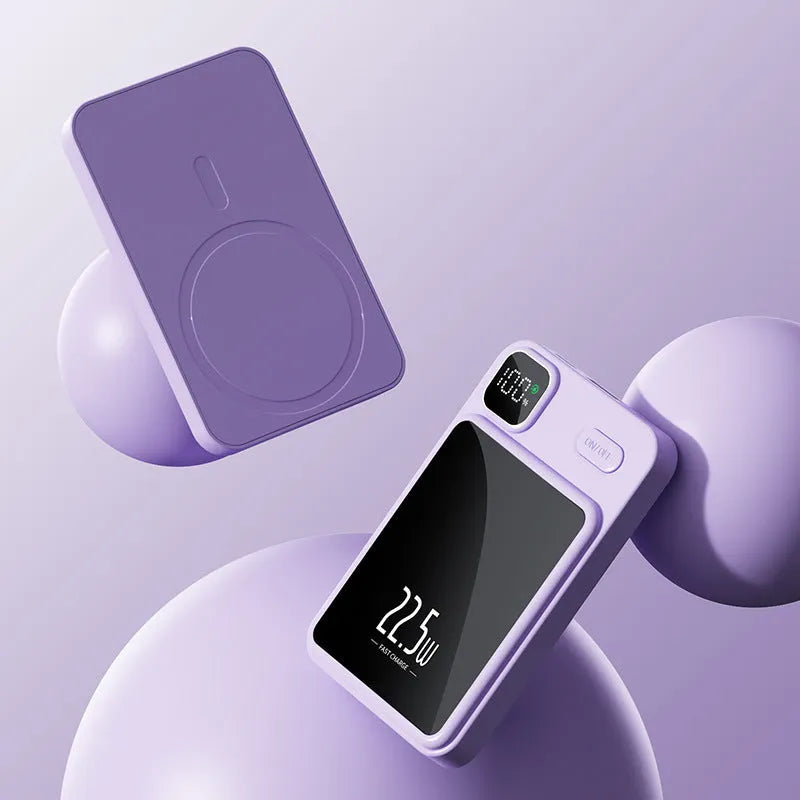 Magnetic wireless power bank with power percentage display in white colour