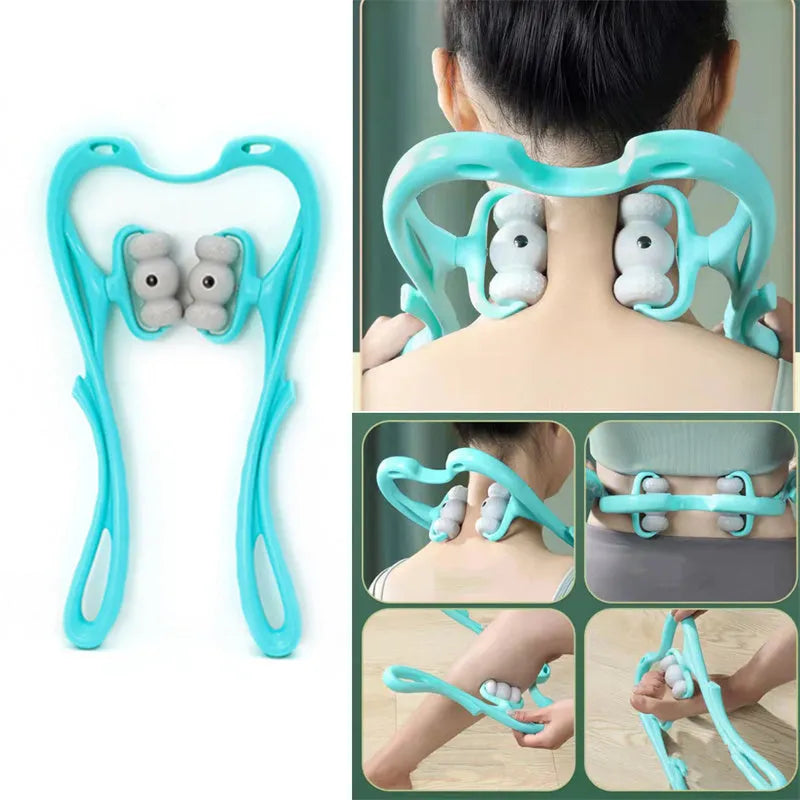 Blue handheld neck massager roller with 96 pressure point nodes on a white background.