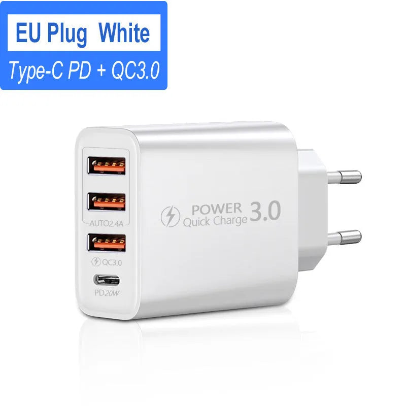 Travel charger with American and European standard plugs, 3USB and Type-C PD ports, in black and white colour options