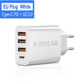 Travel charger with American and European standard plugs, 3USB and Type-C PD ports, in black and white colour options
