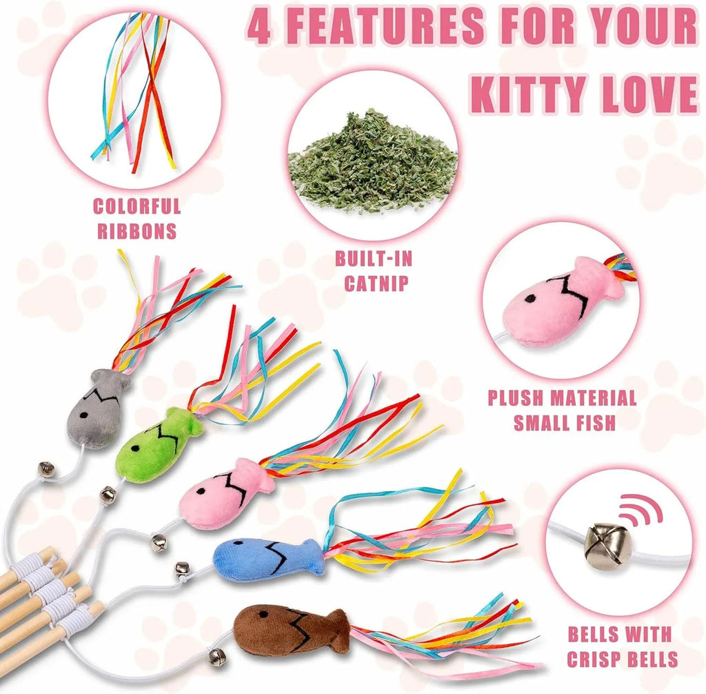 Blue cat wand toy with wooden handle, elastic rope, colourful ribbons, bell, and a catnip fish.