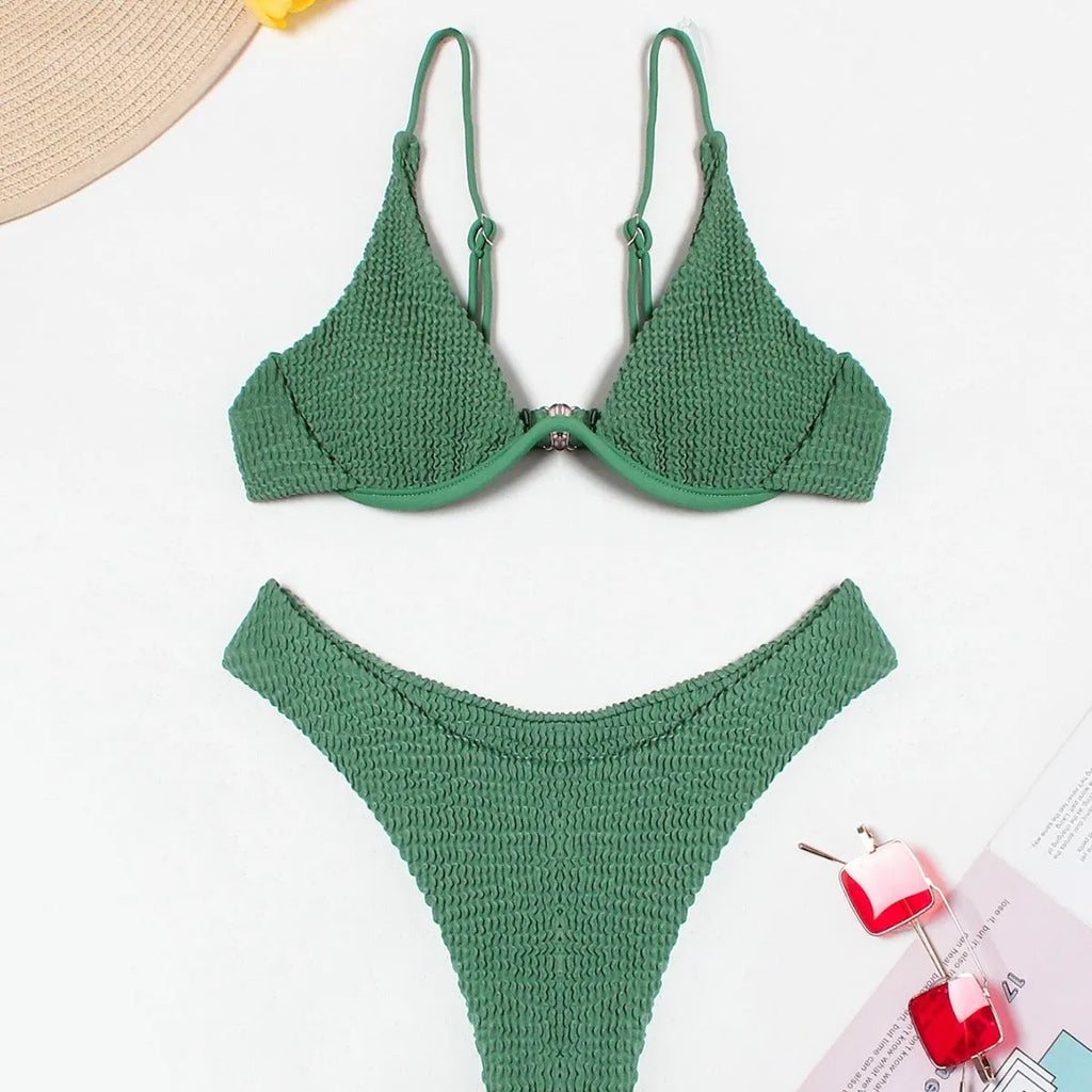 Women's green bikini suit with ruffle split detail on quick-drying polyester fabric