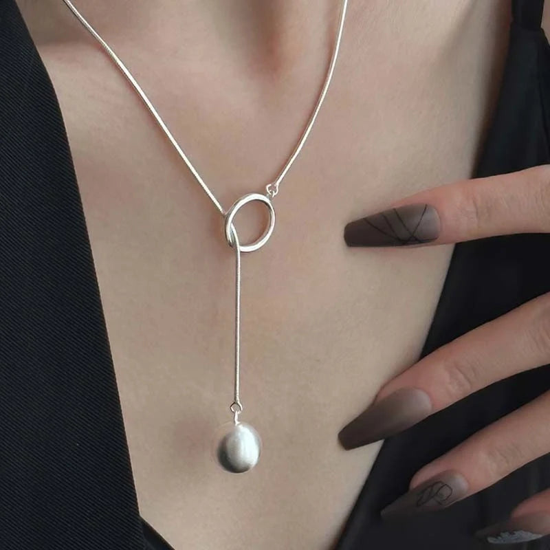 Platinum-plated round ball ring long necklace with snake bone chain for women