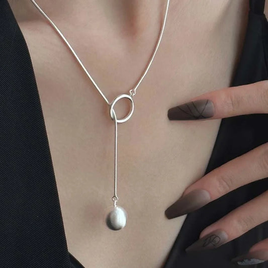 Platinum-plated round ball ring long necklace with snake bone chain for women