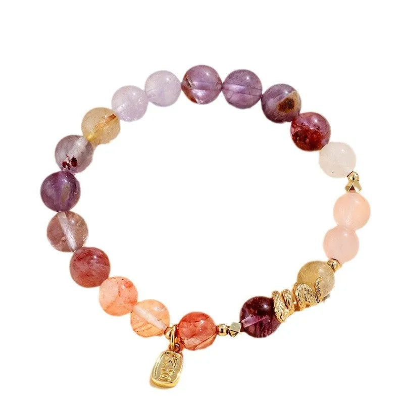 Women's Fu snake lucky crystal bracelet with amethyst beads and red plastic flowers