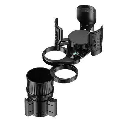 Black ABS plastic car dashboard cup holder with a retractable base shown in extended and retracted positions.