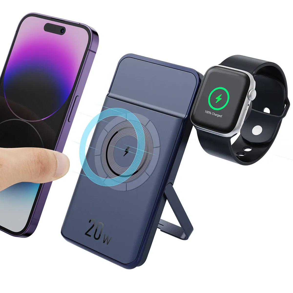 Black industrial-style magnetic wireless power bank showing three-in-one bracket design with 10000mAh capacity