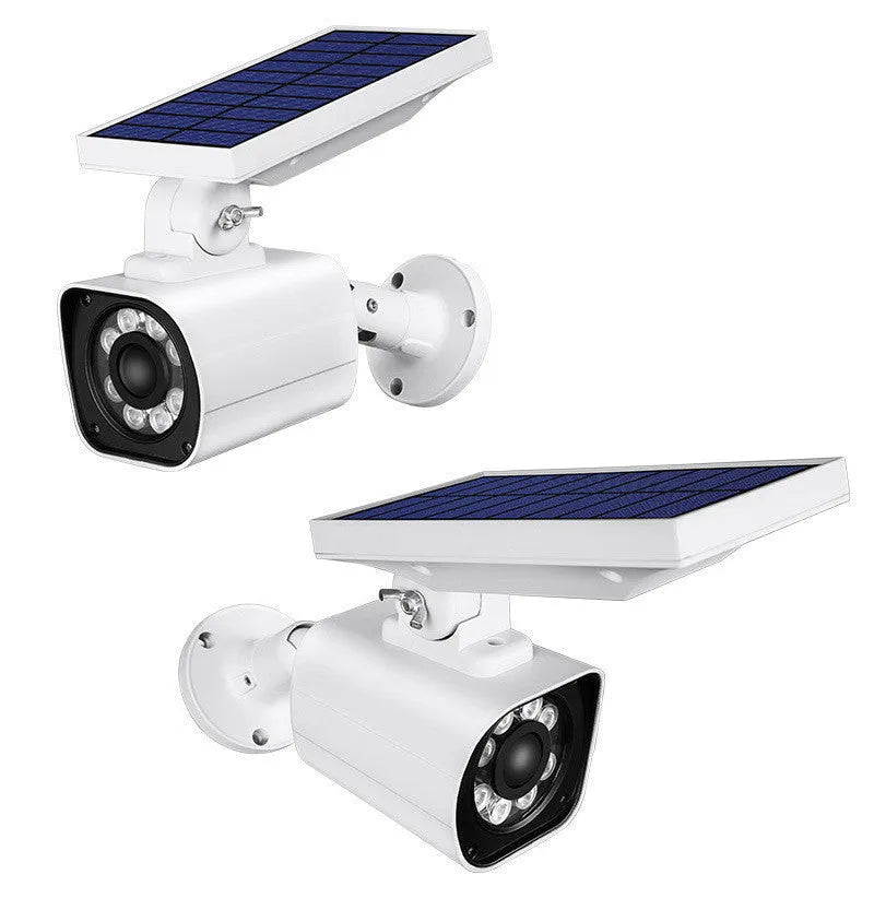 Outdoor solar simulation camera search light with aluminium alloy and ABS shell, 800 lumen LED, IP67 rating, white colour, courtyard garden placement