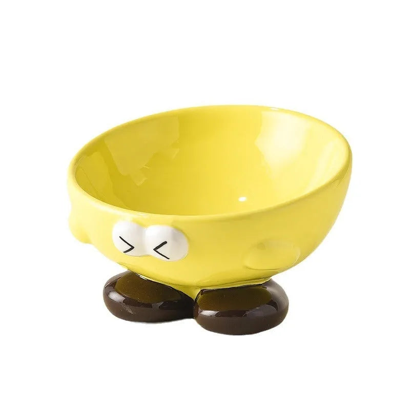 Blue tall ceramic pet food bowl with oblique shape and a silicone non-slip ring on the base.