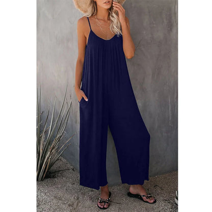 Women's sleeveless cotton blend jumpsuit with pockets, available in multiple colours