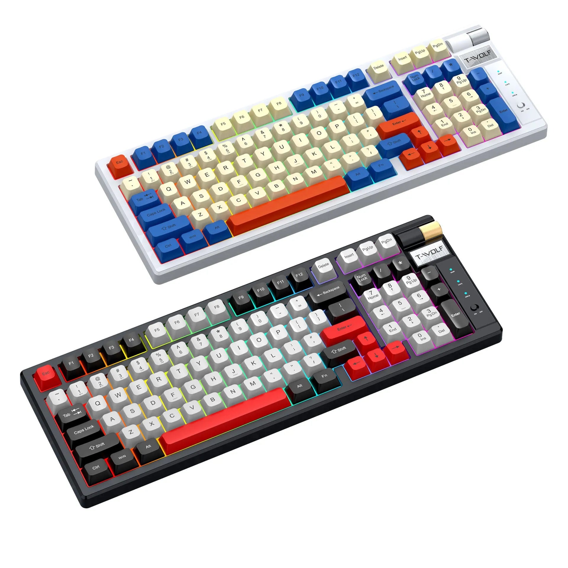 Bluetooth mechanical gaming keyboard with USB-C charging port and dual-colour Blue Orange or Black And Red options