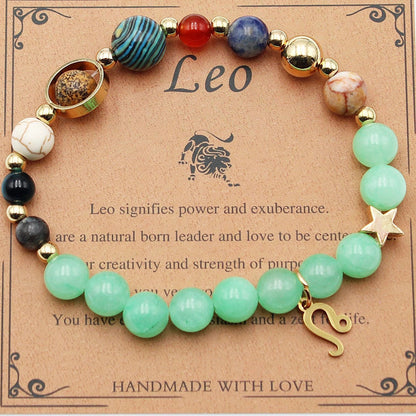 Morgan Stone beaded bracelet with twelve constellation designs, showcasing personalised zodiac signs.
