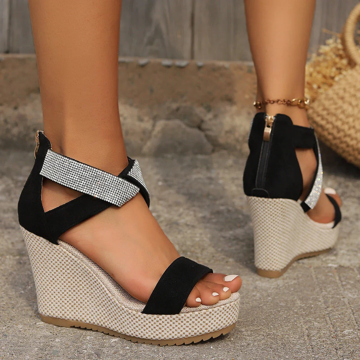 Fashionable wedge sandals with rhinestone design for women, available in black and beige colors and a variety of sizes.