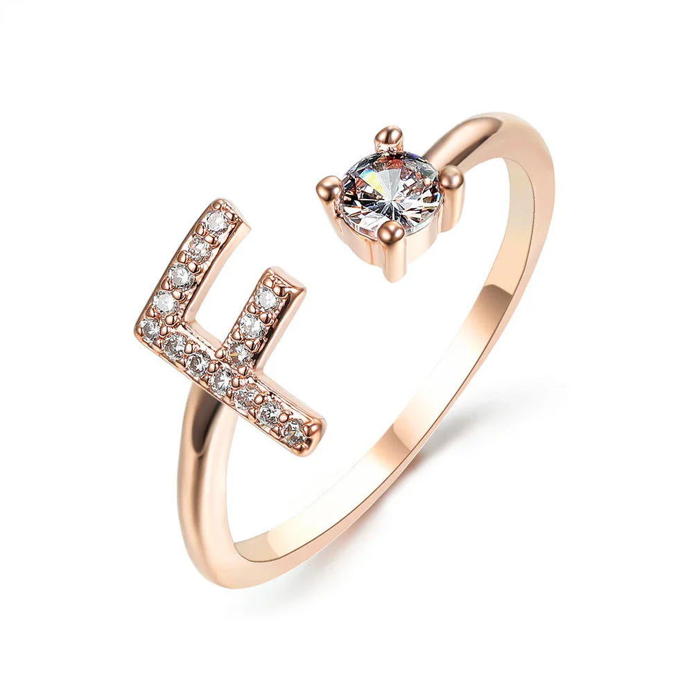 Elegant 26-letter adjustable initial ring in gold, silver, and rose gold finishes