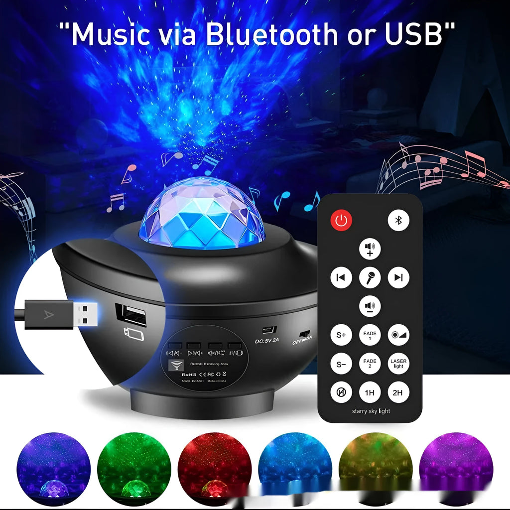 Black Bluetooth starry sky projection lamp with rotating water ripple laser effects on desktop