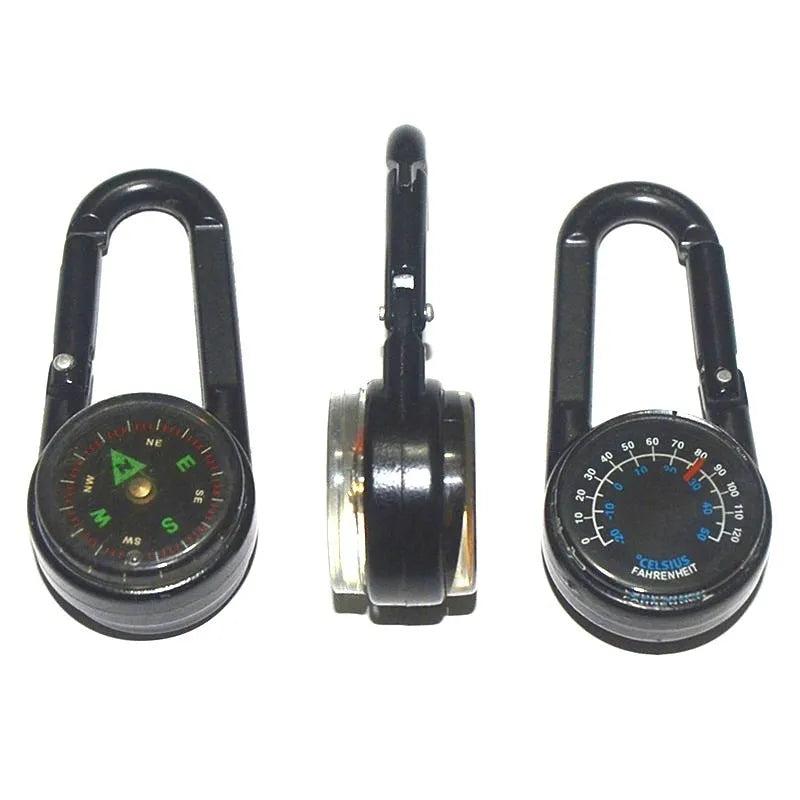 Black zinc alloy double-sided button carabiner with visible thermometer and compass gauge.