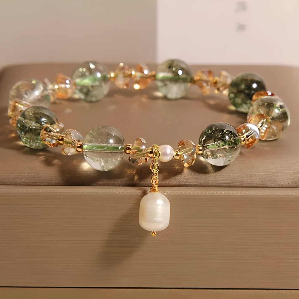 Green phantom quartz crystal bracelet with champagne gravel accents in Japanese Korean style
