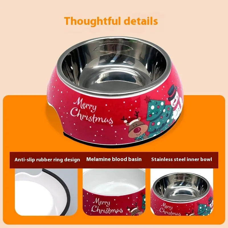 Red Christmas pet bowl with stainless steel upper layer and removable melamine tray