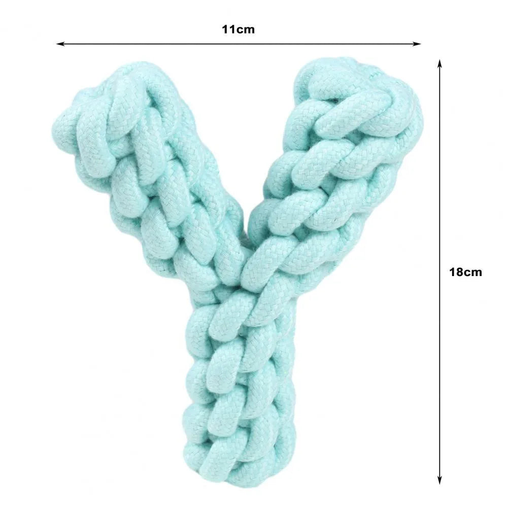 Blue Y-shaped cotton rope dog chew toy for large breeds on a white background.