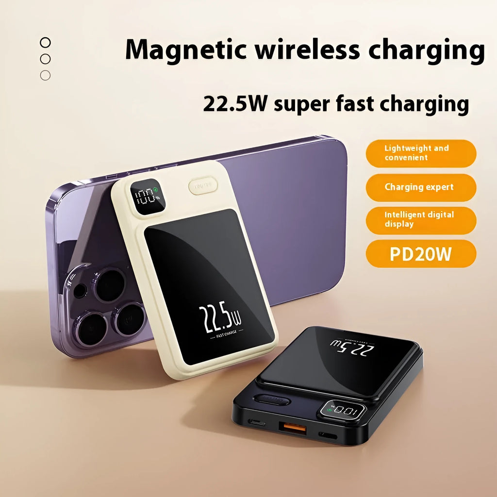 Magnetic wireless power bank with power percentage display in white colour