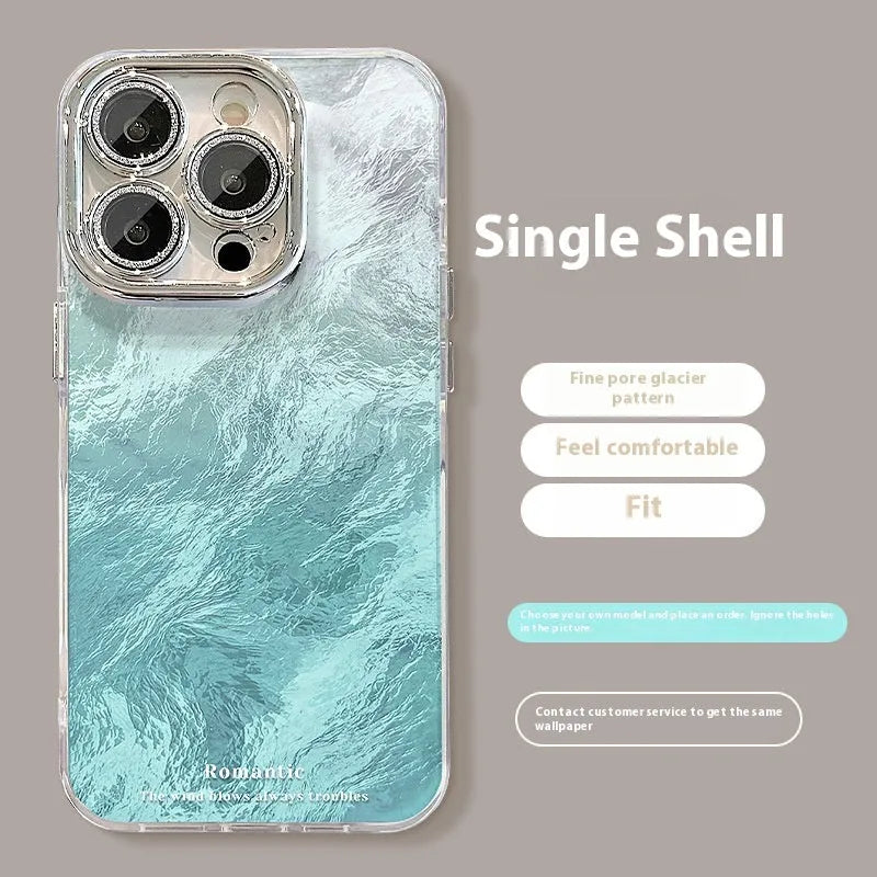 Ice blue gradient hard PC phone case with invisible bracket and silver chain for iPhone 15 Pro Max