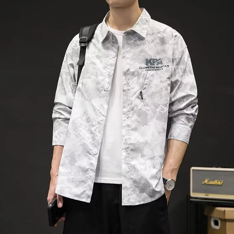 Men's retro Japanese camouflage linen long sleeve shirt in Army Green, front view