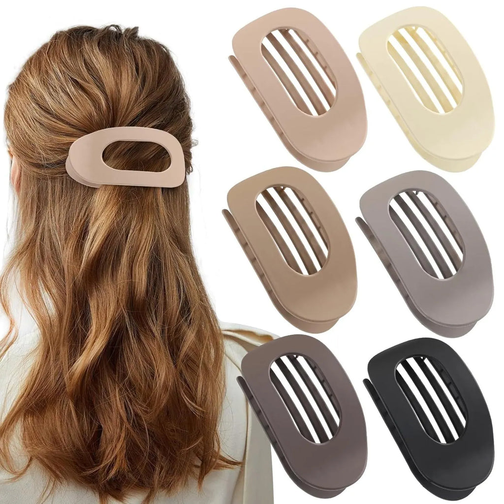 Six rose red plastic hair clips with frosted surface and quadrilateral design on white background