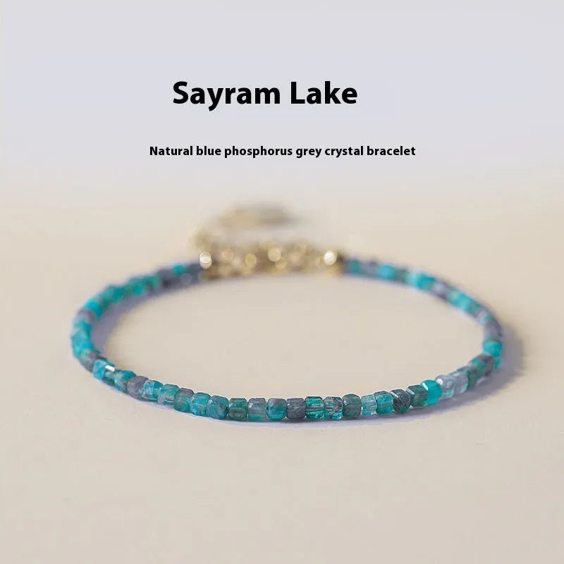 Adjustable women's bracelet with natural blue apatite crystal diamond-shaped beads