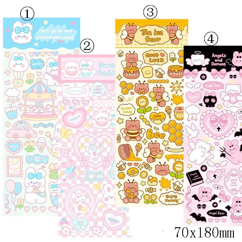 Clear PVC waterproof sticker sheet with cartoon designs for notebook and stationery decoration.
