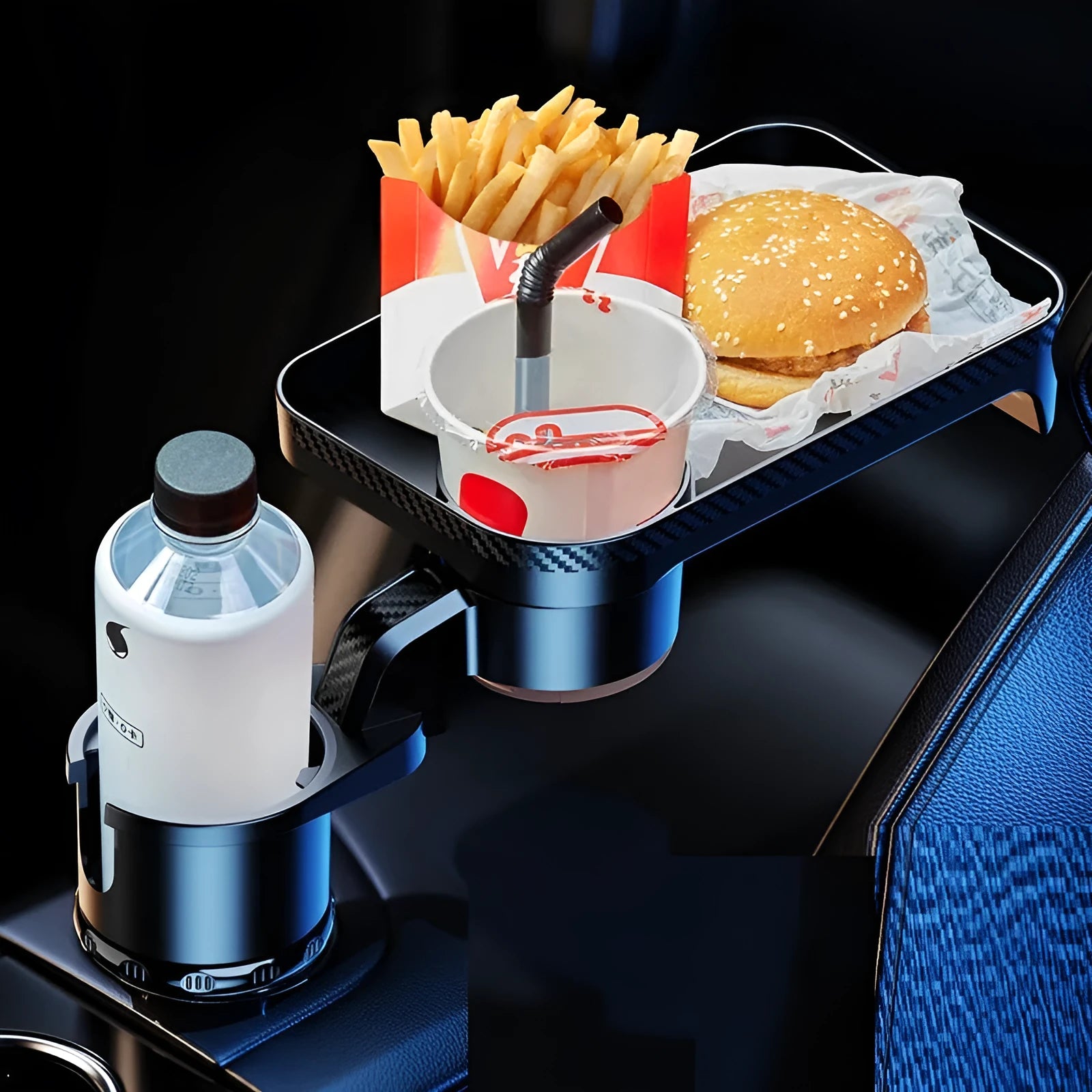 Black ABS car-mounted rotating dinner tray holder with cup and plate storage compartments